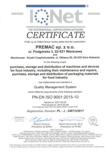 Certyfikat ISO 9001:2015-10 PREMAC